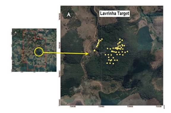 A map of land with yellow dots
Description automatically generated