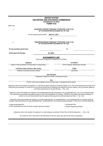 Thumbnail Alexander's, Inc. 10-Q Quarterly Report FY2014 