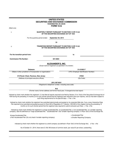 Thumbnail Alexander's, Inc. 10-Q Quarterly Report FY2014 