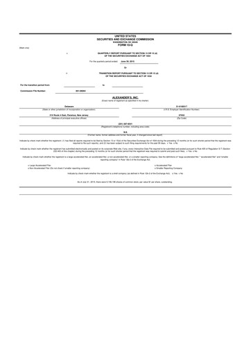 Thumbnail Alexander's, Inc. 10-Q Quarterly Report FY2015 