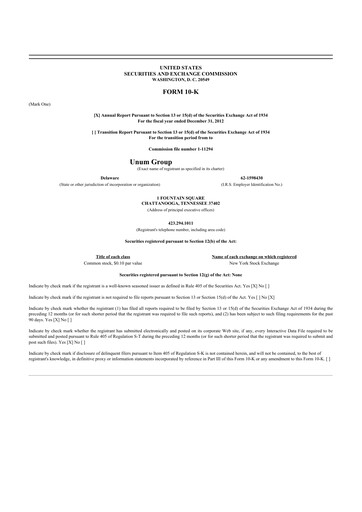 Thumbnail Unum 10-K Annual Report 2012