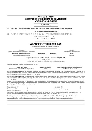 Thumbnail Apogee Enterprises 10-Q Quarterly Report FY2027 
