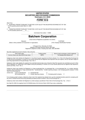 Vorschaubild Balchem 10-Q Quartalsbericht  