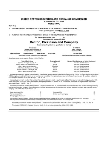 Thumbnail Becton Dickinson 10-Q Quarterly Report FY 