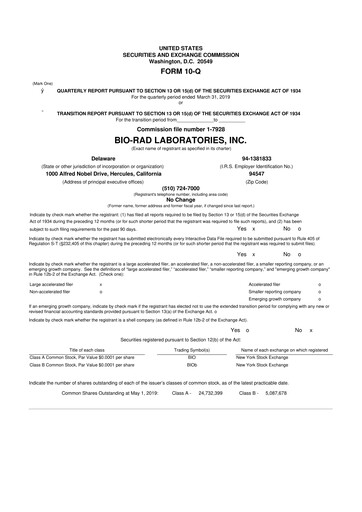 Thumbnail Bio-Rad Laboratories 10-Q Quarterly Report FY2019 