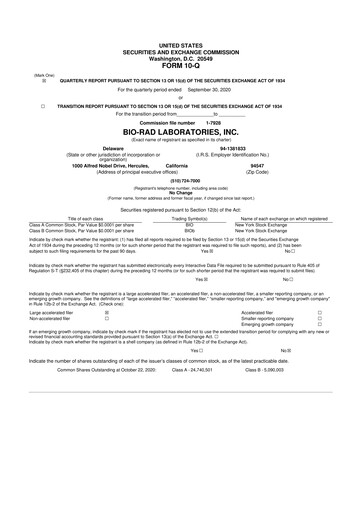 Thumbnail Bio-Rad Laboratories 10-Q Quarterly Report FY2020 
