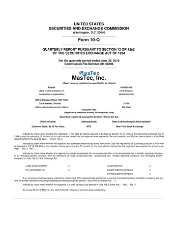 Thumbnail MasTec 10-Q Quarterly Report FY2019 