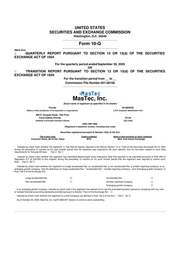 Thumbnail MasTec 10-Q Quarterly Report FY2020 