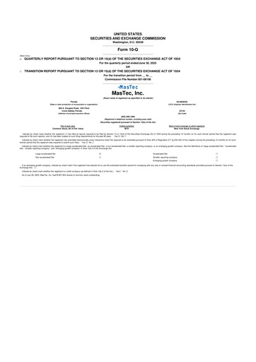 Thumbnail MasTec 10-Q Quarterly Report FY 