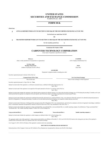 Miniature Carpenter Technology 10-K Rapport annuel 2015