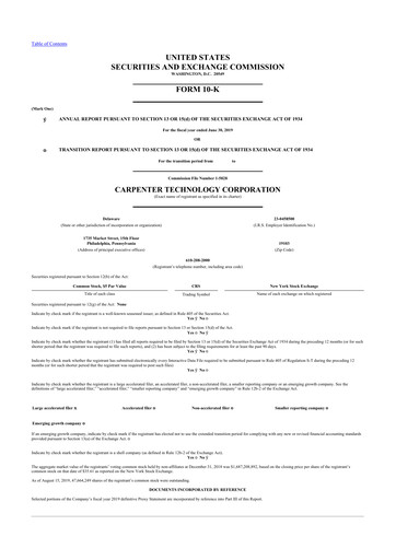 Miniature Carpenter Technology 10-K Rapport annuel 2019