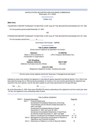 Thumbnail Clorox 10-Q Quarterly Report FY 