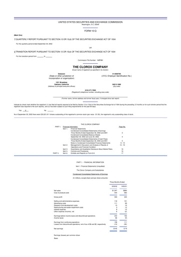 Thumbnail Clorox 10-Q Quarterly Report FY 