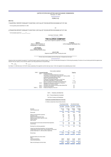 Thumbnail Clorox 10-Q Quarterly Report FY 