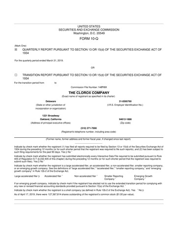 Thumbnail Clorox 10-Q Quarterly Report FY2019 