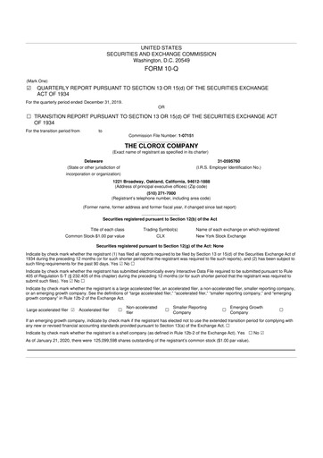 Thumbnail Clorox 10-Q Quarterly Report FY2020 