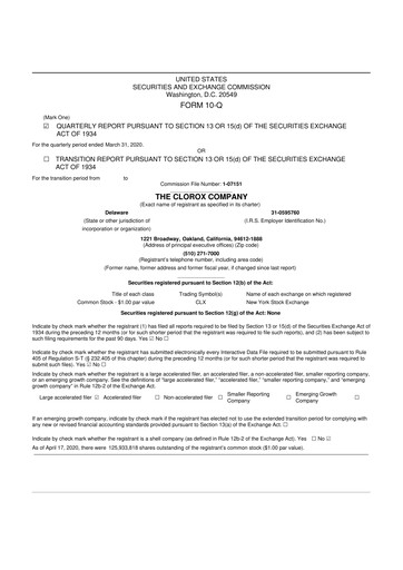 Thumbnail Clorox 10-Q Quarterly Report FY2020 