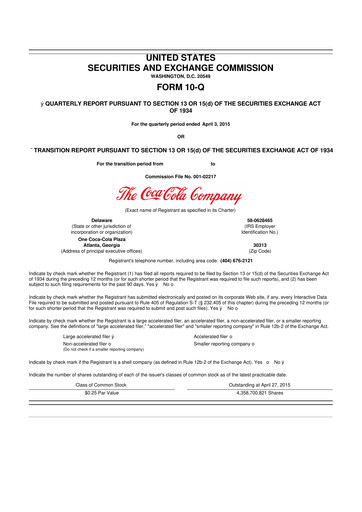 Thumbnail Coca-Cola 10-Q Quarterly Report FY2015 