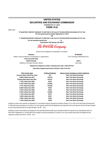 Thumbnail Coca-Cola 10-Q Quarterly Report FY2019 