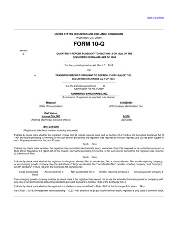 Thumbnail Commerce Bancshares
 10-Q Quarterly Report FY2019 