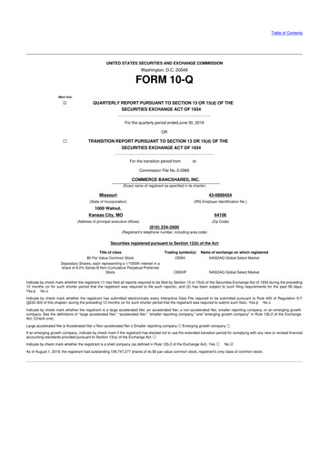 Thumbnail Commerce Bancshares
 10-Q Quarterly Report FY2019 