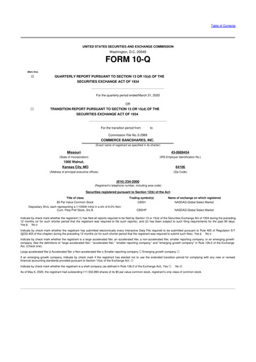 Thumbnail Commerce Bancshares
 10-Q Quarterly Report FY2020 