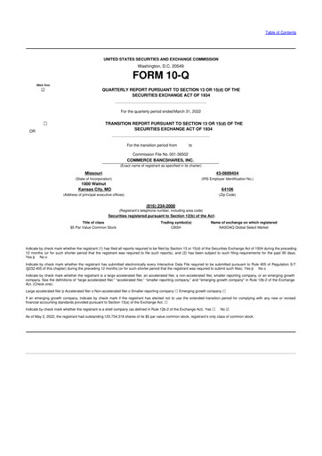 Thumbnail Commerce Bancshares
 10-Q Quarterly Report FY2022 