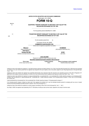 Miniature Commerce Bancshares
 10-Q Rapport trimestriel  