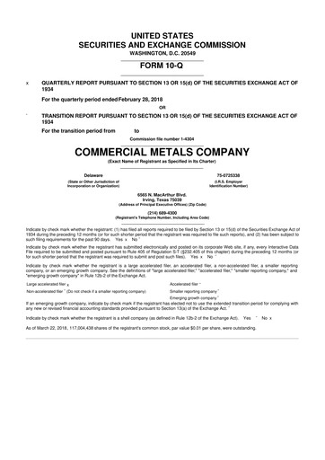 Thumbnail Commercial Metals Company 10-Q Quarterly Report FY2018 