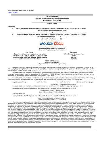 Thumbnail Molson Coors 10-Q Quarterly Report FY2016 