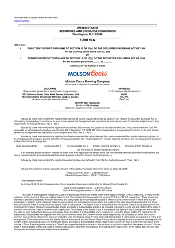 Thumbnail Molson Coors 10-Q Quarterly Report FY2018 