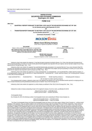 Thumbnail Molson Coors 10-Q Quarterly Report FY2018 