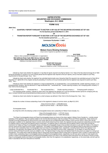 Thumbnail Molson Coors 10-Q Quarterly Report FY2019 