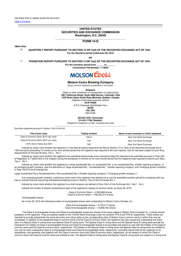 Thumbnail Molson Coors 10-Q Quarterly Report FY2019 