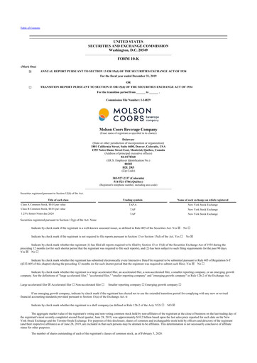 Thumbnail Molson Coors 10-K Annual Report 2019