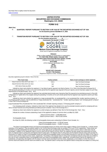 Thumbnail Molson Coors 10-Q Quarterly Report FY2020 