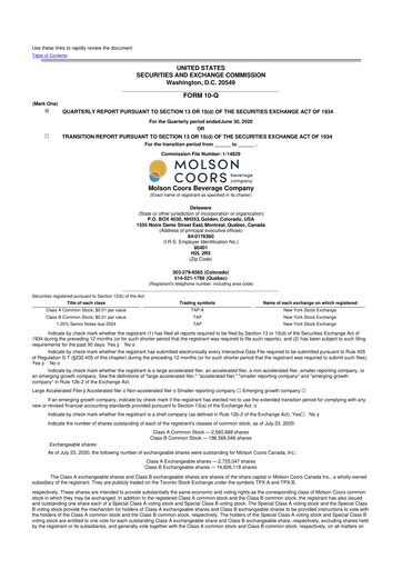 Thumbnail Molson Coors 10-Q Quarterly Report FY2020 