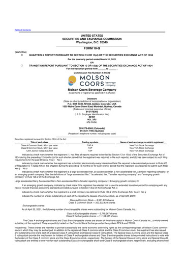 Thumbnail Molson Coors 10-Q Quarterly Report FY2021 