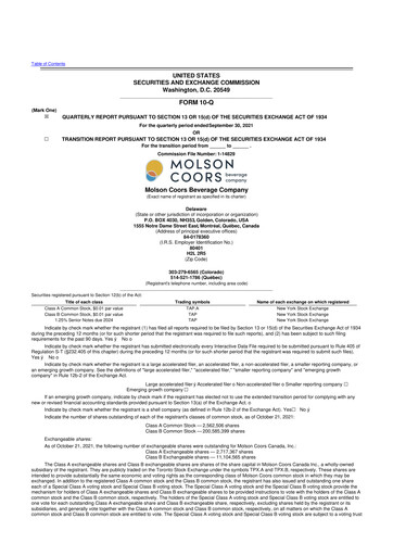 Thumbnail Molson Coors 10-Q Quarterly Report FY2021 