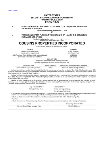Thumbnail Cousins Properties
 10-Q Quarterly Report FY2019 