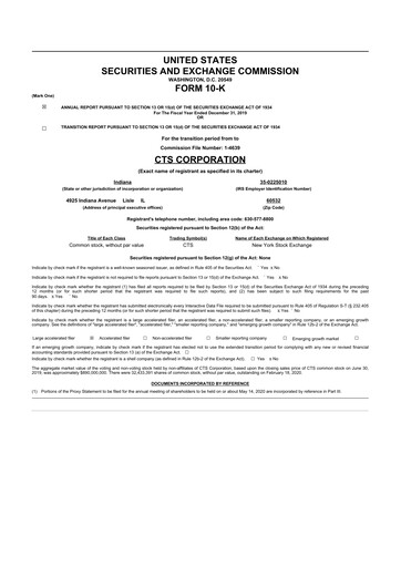 Thumbnail CTS Corporation 10-K Annual Report 2019