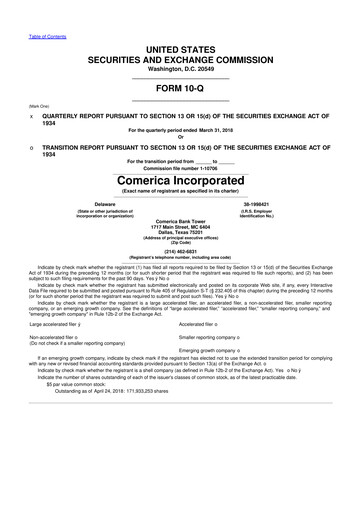 Thumbnail Comerica 10-Q Quarterly Report FY2018 