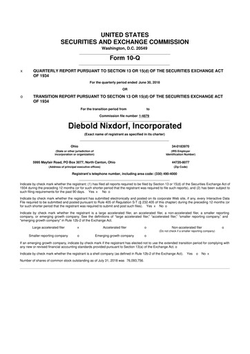 Miniature Diebold Nixdorf
 10-Q Rapport trimestriel 2018 