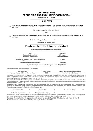 Miniature Diebold Nixdorf
 10-Q Rapport trimestriel 2019 