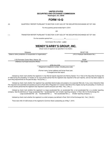 Miniature Wendy’s 10-Q Rapport trimestriel  