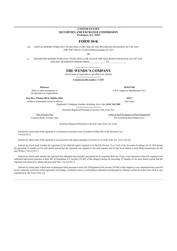 Thumbnail Wendy’s 10-K Annual Report 2013