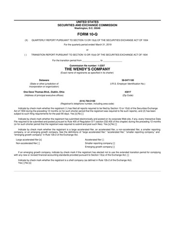 Miniature Wendy’s 10-Q Rapport trimestriel 2019 