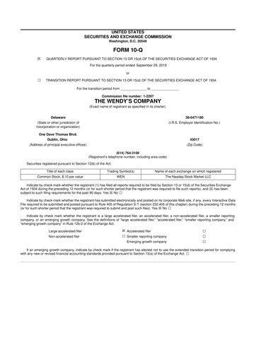 Miniature Wendy’s 10-Q Rapport trimestriel 2019 