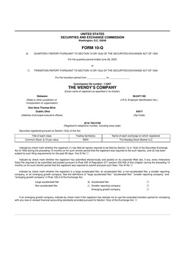 Miniature Wendy’s 10-Q Rapport trimestriel 2020 