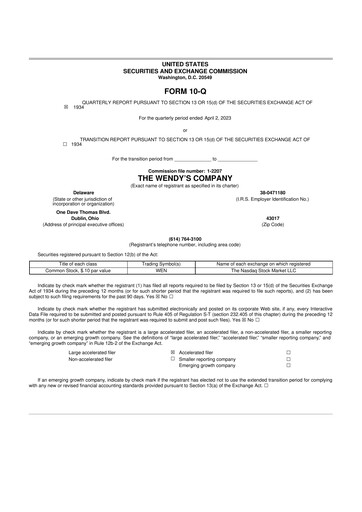 Miniature Wendy’s 10-Q Rapport trimestriel 2023 